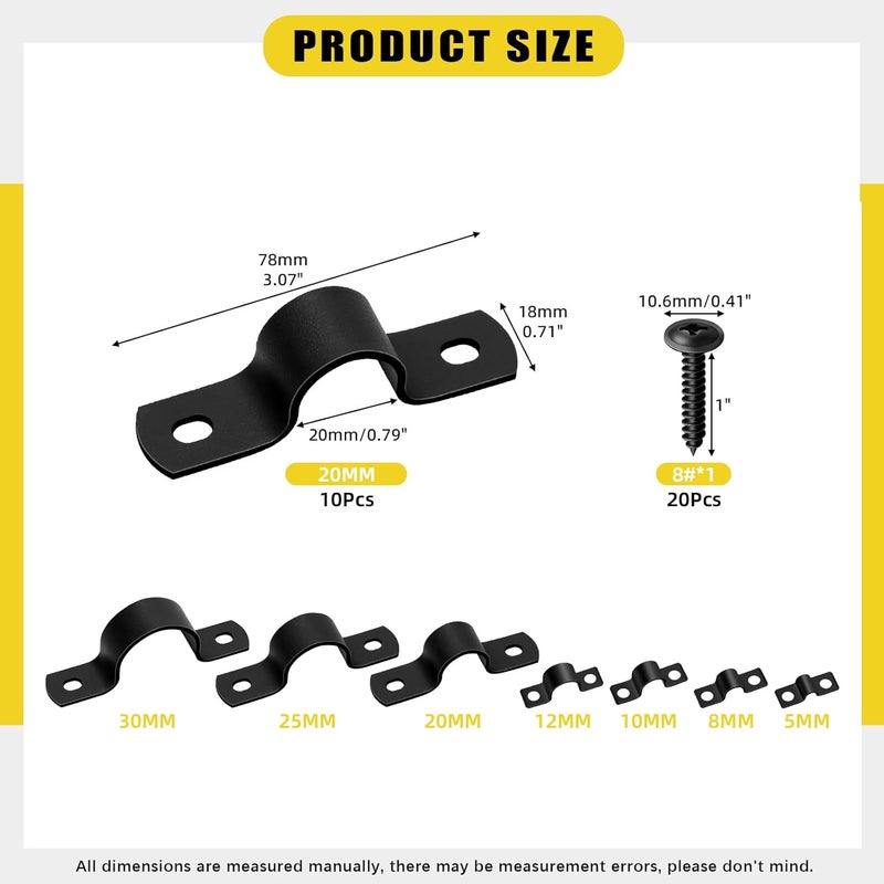 Mardatt 10 Set 3/4”(20mm) Two Hole Pipe Strap Clamp, Carbon Steel Rigid U Bracket Clamps U-Tube Strap Clamp Conduit Clamps with Self-Tapping Screws for Pipe Fixing, Black - Image 2
